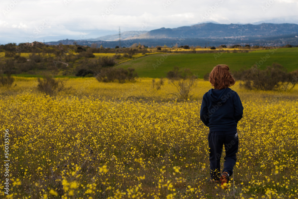Niño jugando en el campo de flores amarillas