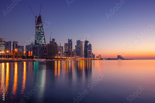 Doha Skyline view early morning. Doha Corniche beach
