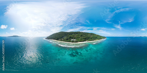 Valokuvatapetti HDRI seamless spherical aerial 360-degree panorama of La Digue island, Seychelle