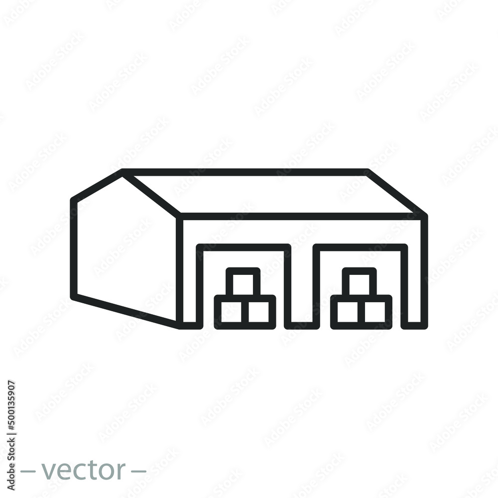 warehouse icon, depot or industrial storehouse, thin line symbol on white background - editable stroke vector illustration warehouse icon, depot or industrial storehouse, thin line symbol on white background - editable stroke vector illustration