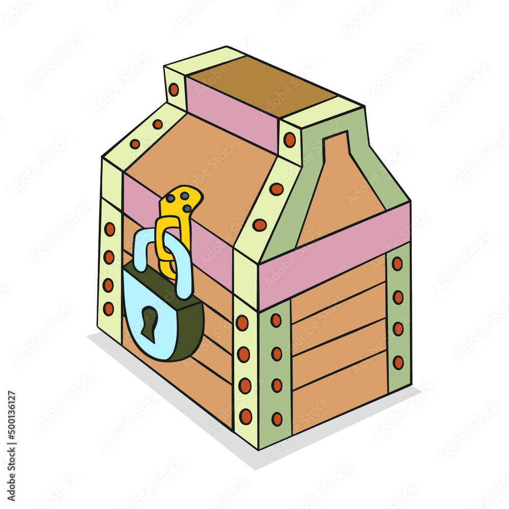 old treasure chest under lock and key, cartoon pic, fairy tale, on a