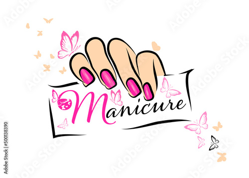Female hand with a beautiful manicure holding a card . Vector illustration