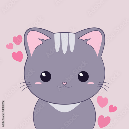 Ręcznie rysowany mały kotek i serduszka. Wektorowa ilustracja zadowolonego, siedzącego kota. Słodki, uroczy zwierzak. Kartka urodzinowa lub walentynkowa.