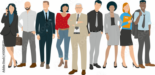 illustration représentant une équipe au travail, des personnages de races différentes, d'âges différents, hommes ou femmes d'affaires, employés de bureau avec au centre le patron, le manager Fototapet