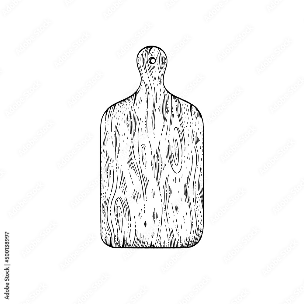 Cutting board sketch icon. Wood cooking board with realistic wooden