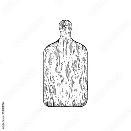 Cutting board sketch icon. Wood cooking board with realistic wooden texture. Kitchen graphics. For butchery, restaurant menu, bbq party hand drawing logo. Ink vector illustration on white background