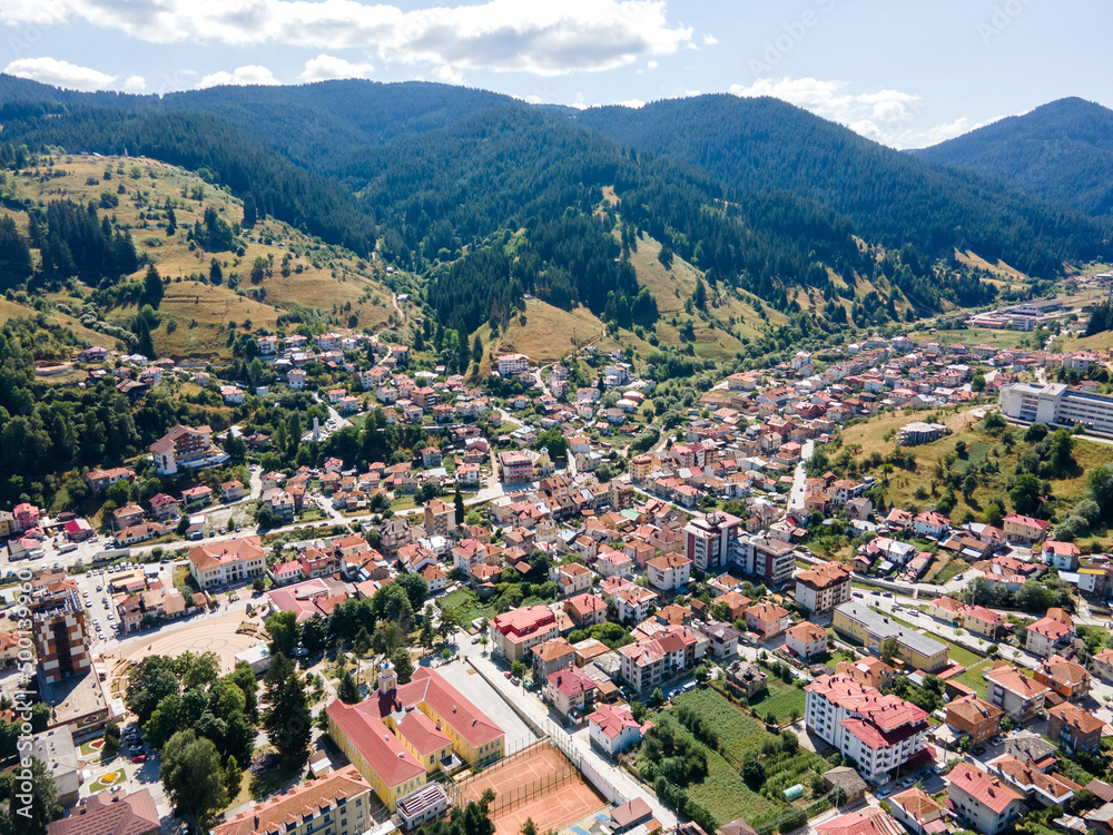 Aerial view of the famous Bulgarian ski resort Chepelare, Bulgaria