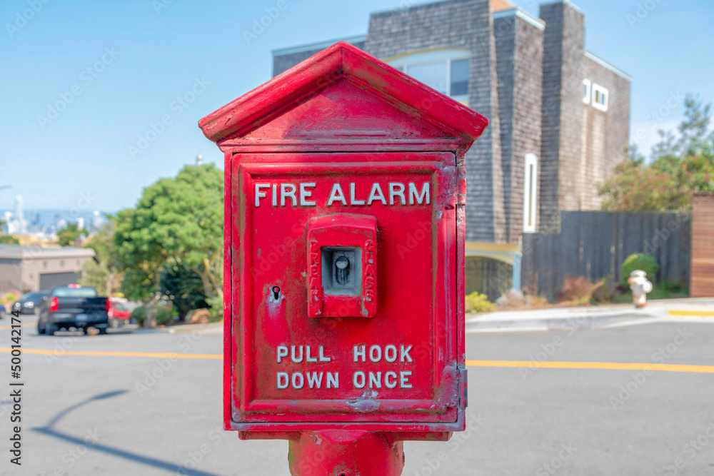 Red traditional fire alarm at San Francisco in California Red traditional fire alarm at San Francisco in California