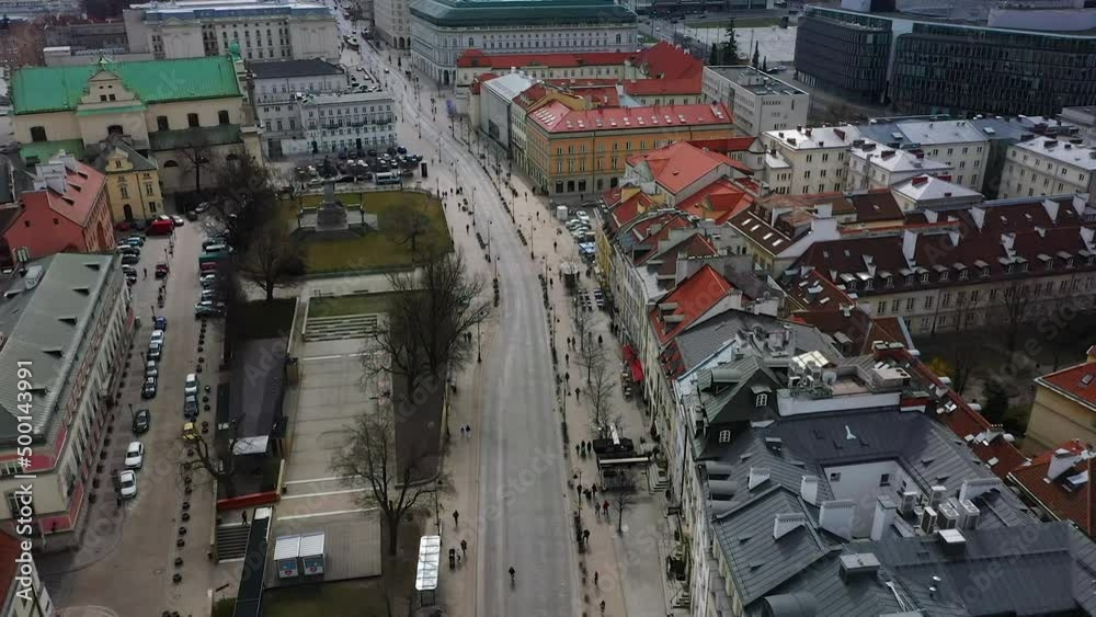 Aerial view overlooking the Royal route, in Warsaw, Poland - reverse, tilt, drone shot Aerial view overlooking the Royal route, in Warsaw, Poland - reverse, tilt, drone shot