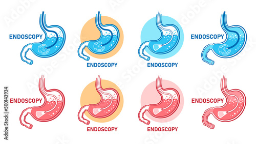 Endoscopy stomach, gastroscopy, gastrointestinal medical diagnostic icon set. Gastroenterology endoscope, digestive intestinal tract examination. Treatment gastritis, ulcer disease gastro organ vector