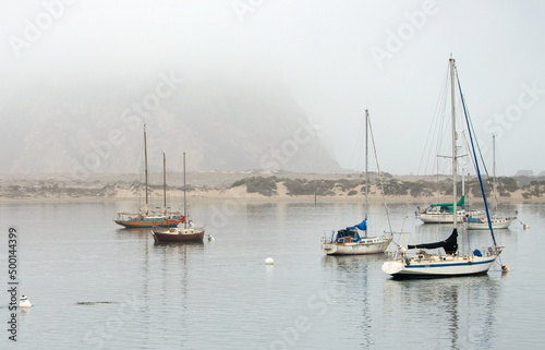 Early morning fog over Morro Bay harbor on the Central Coast of California United States