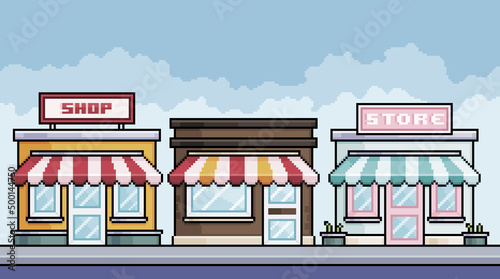 Pixel art shopping street with shops. Urban landscape. Cityscape background for 8bit game
