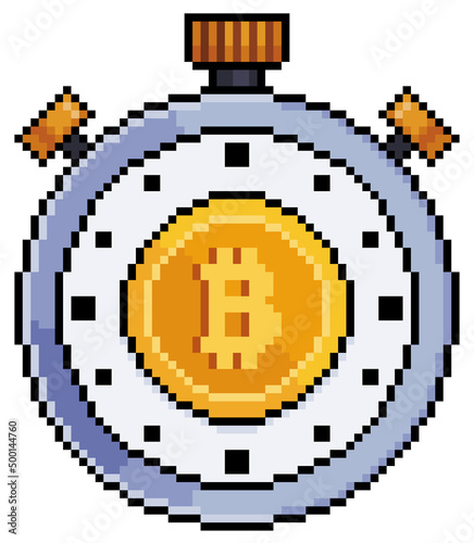 Pixel art bitcoin stopwatch. Investment in cryptocurrencies vector icon for 8bit game on white background
