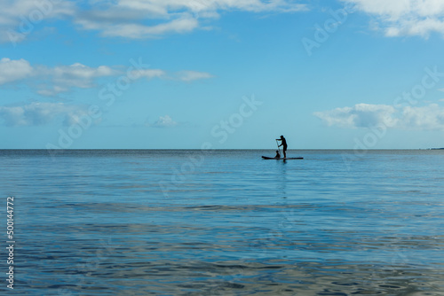 Silhouette of adult and child on a stand up paddle board in calm water under blue sky. Morning sunlight. Minimalist landscape. 