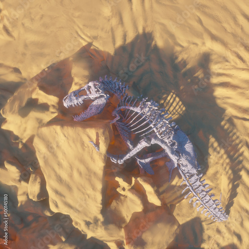 extinct dinosaur skeletons and skulls archaeological excavations  the concept of extinction of dinosaurs render 3d
