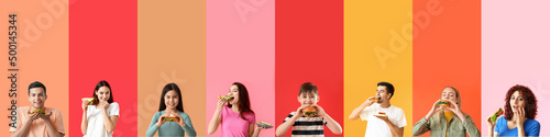 Slika na platnu Group of people eating tasty sandwiches on color background with space for text