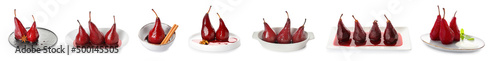 Plates with tasty poached pears in wine sauce on white background