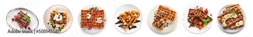 Set of tasty Belgian waffles on white background, top view photo