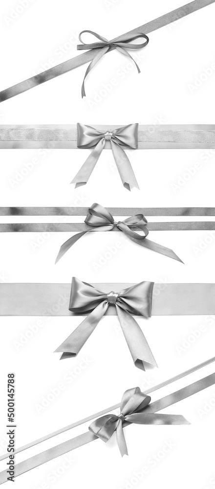 Set of beautiful silver ribbons with bows isolated on white