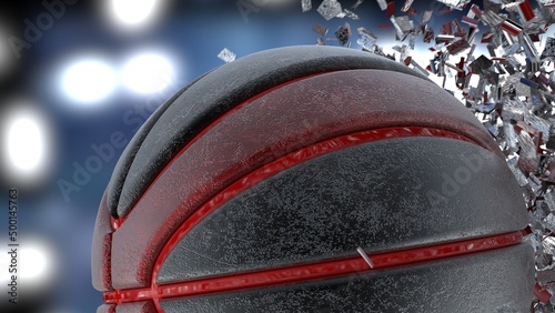 Scratched Metallic Black-Red Basketball with Rotation Particles under space ship background. 3D illustration. 3D high quality rendering.  © DRN Studio