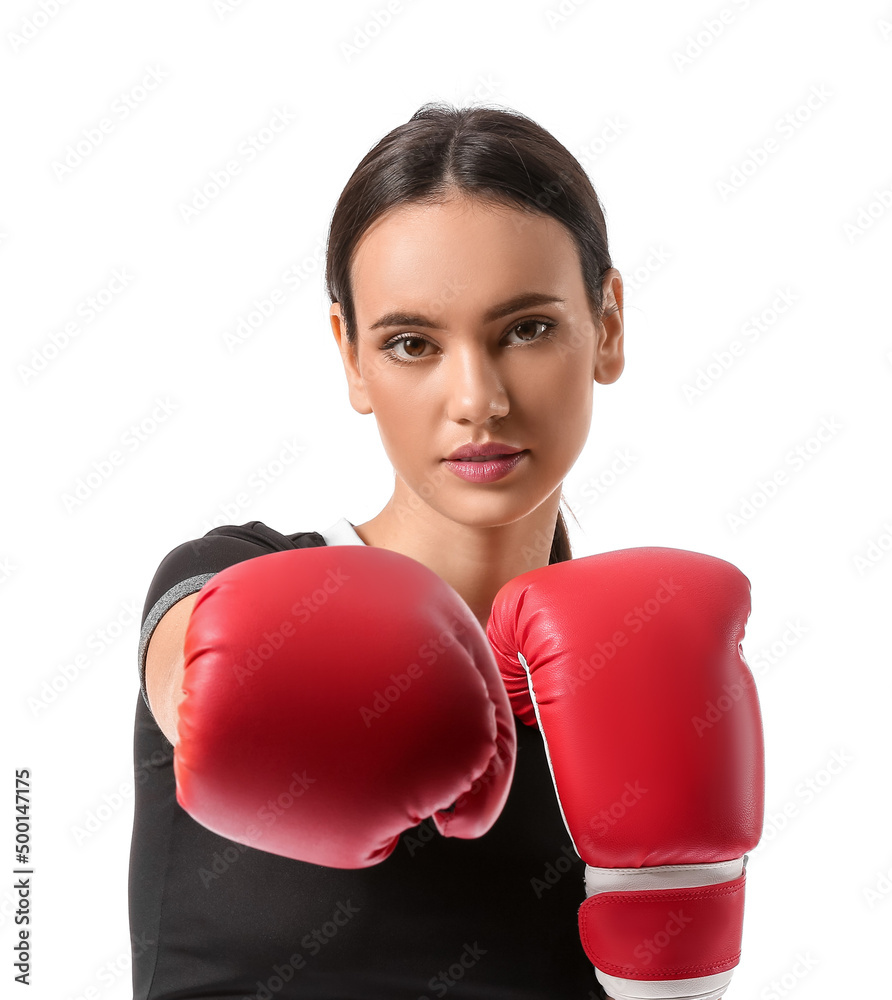 Young woman with boxing gloves on white background. Immunity concept Young woman with boxing gloves on white background. Immunity concept