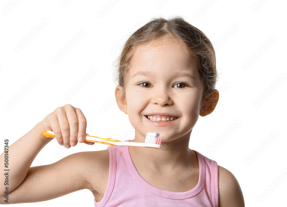 Adorable little girl and tooth brush with paste on white background Adorable little girl and tooth brush with paste on white background
