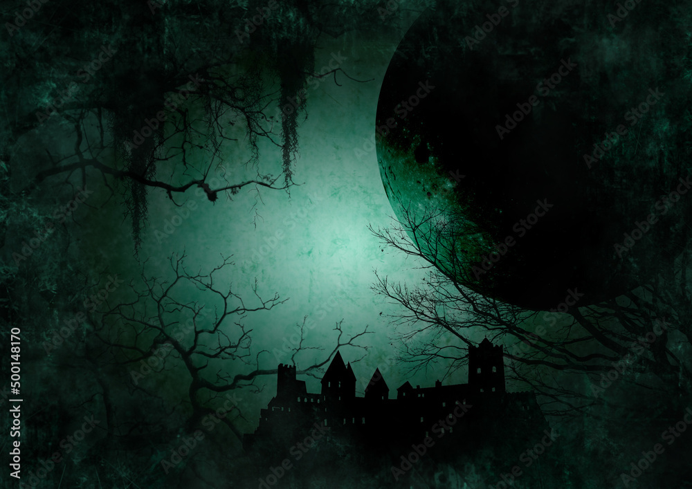 緑色の童話の中の不気味な満月と古い城のイラスト Stock Illustration Adobe Stock