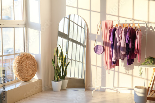 Rack with clothes, mirror and houseplant near light wall