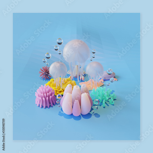 World Ocean Day Copy Space With Jellyfish 3D Render Illustration