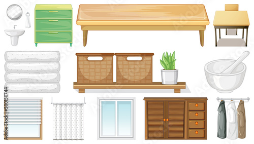 Furniture and household appliances on white background