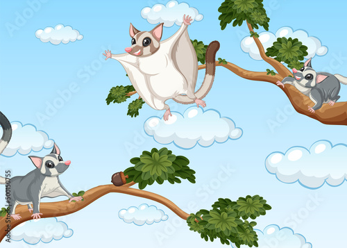 Scene with sugar gliders gliding in the sky