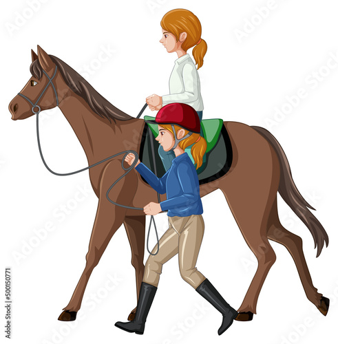 Equestrian sport with girl leading horse