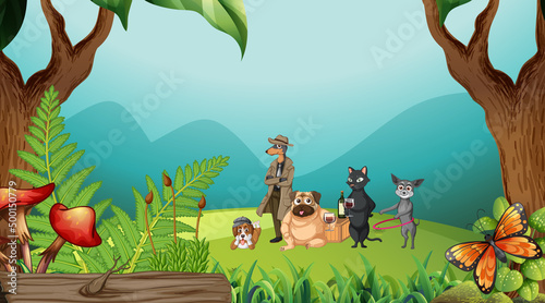 Set of different domestic animals in forest