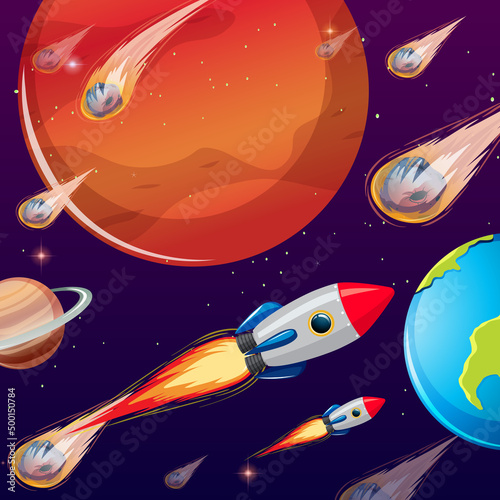 Outer space background with comets ad rockets