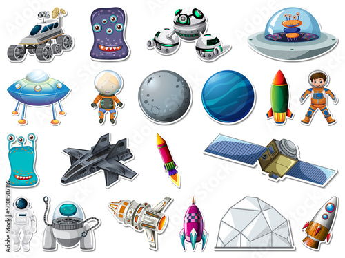 Sticker set of outer space objects and astronauts