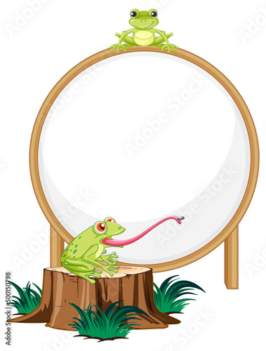 Blank wooden signboard with frog in cartoon style