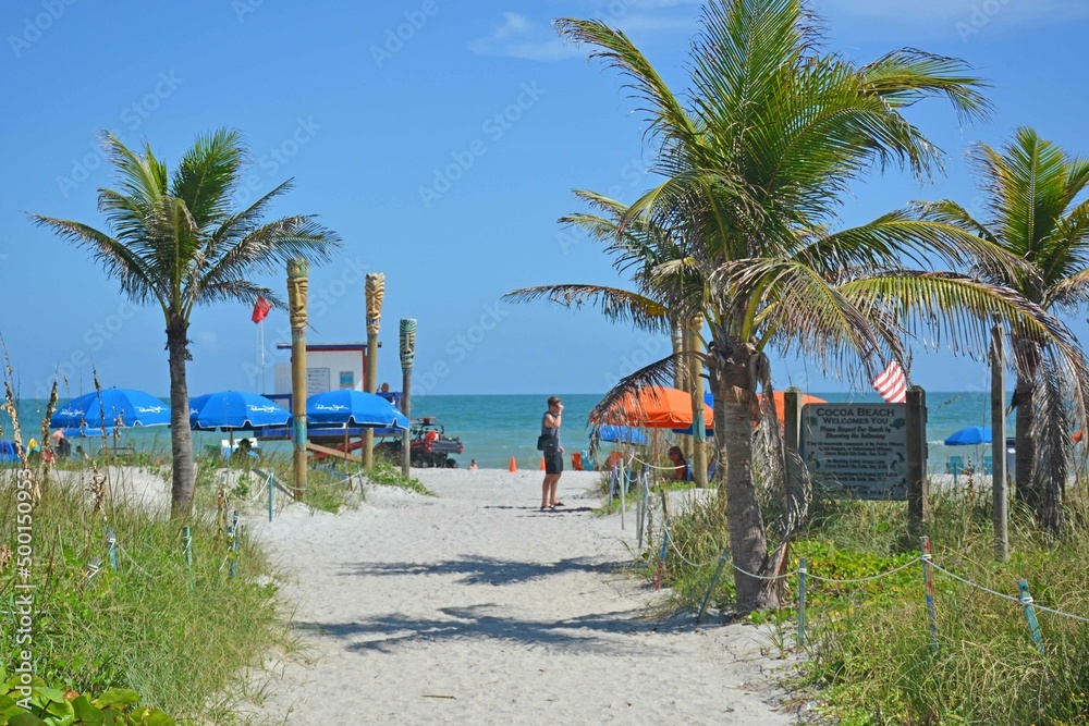 View of palm trees and beach from beach path leading to the ocean in Cocoa Beach, Florida near Cape Canaveral	
