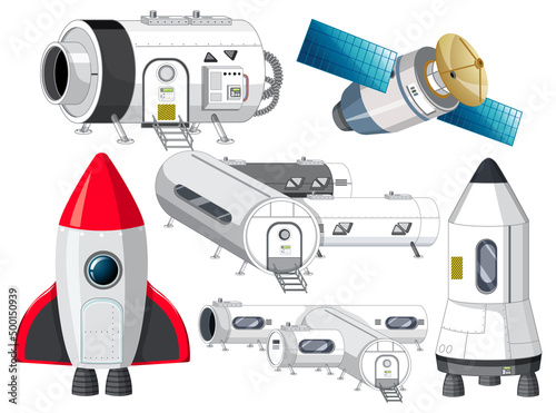 Set of spaceship and satellite objects