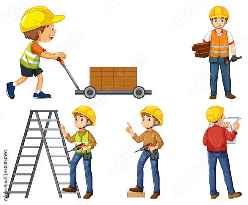 Set of construction site objects and workers