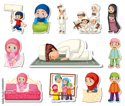 Sticker set of Islamic religious symbols and cartoon characters