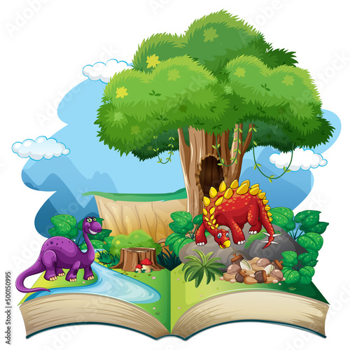 Opened book with various dinosaurs cartoon