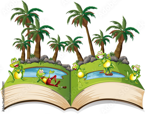Storybook with frogs by the pond