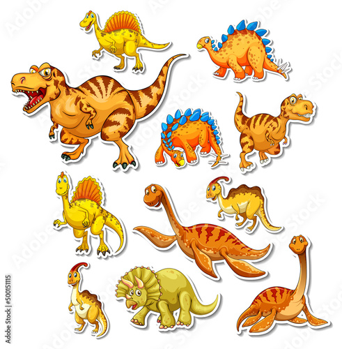 Sticker set of different dinosaurs cartoon