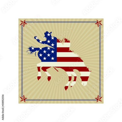 A rodeo cowboy bareback bronc rider silhouette with an American flag.