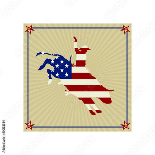 A rodeo cowboy bull rider silhouette with an American flag.