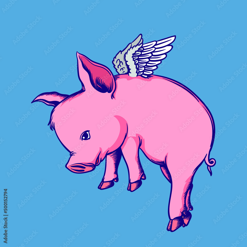 Fototapeta premium Coloring book cute pig flying cartoon vector illustration