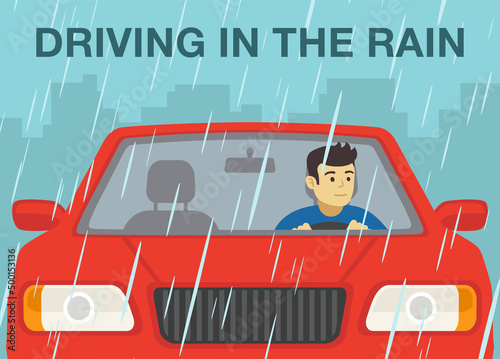 Driving on a rainy and slippery road. Close-up view of a red sedan car driver looking left. Flat vector illustration template.