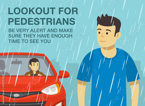 Safe driving rules and tips. Driving on a rainy and slippery road. Lookout for pedestrians. Close-up view of a pedestrian looking at red sedan car. Flat vector illustration template.