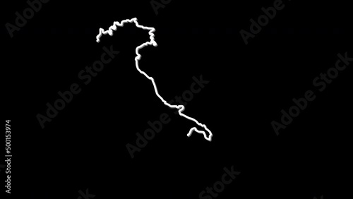 Italy map. Country territory outline animation. Line art. Black background.