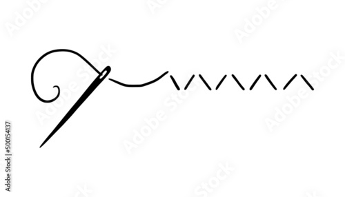 Tailor needle with thread. Hand drawn doodle sketch style sewing needle element. Craft, embroidery tool for textile, sewing shop design. Vector illustration.